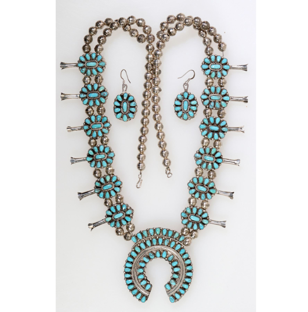Navajo squash blossom necklace and earrings by Navajo artist Victor Moses Begay, $1,438