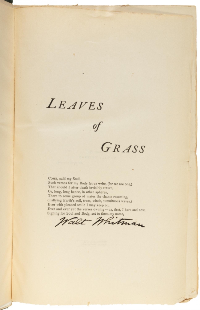 ‘Complete Poems & Prose of Walt Whitman 1855-1888,’ signed by its author, est. $5,000-$8,000