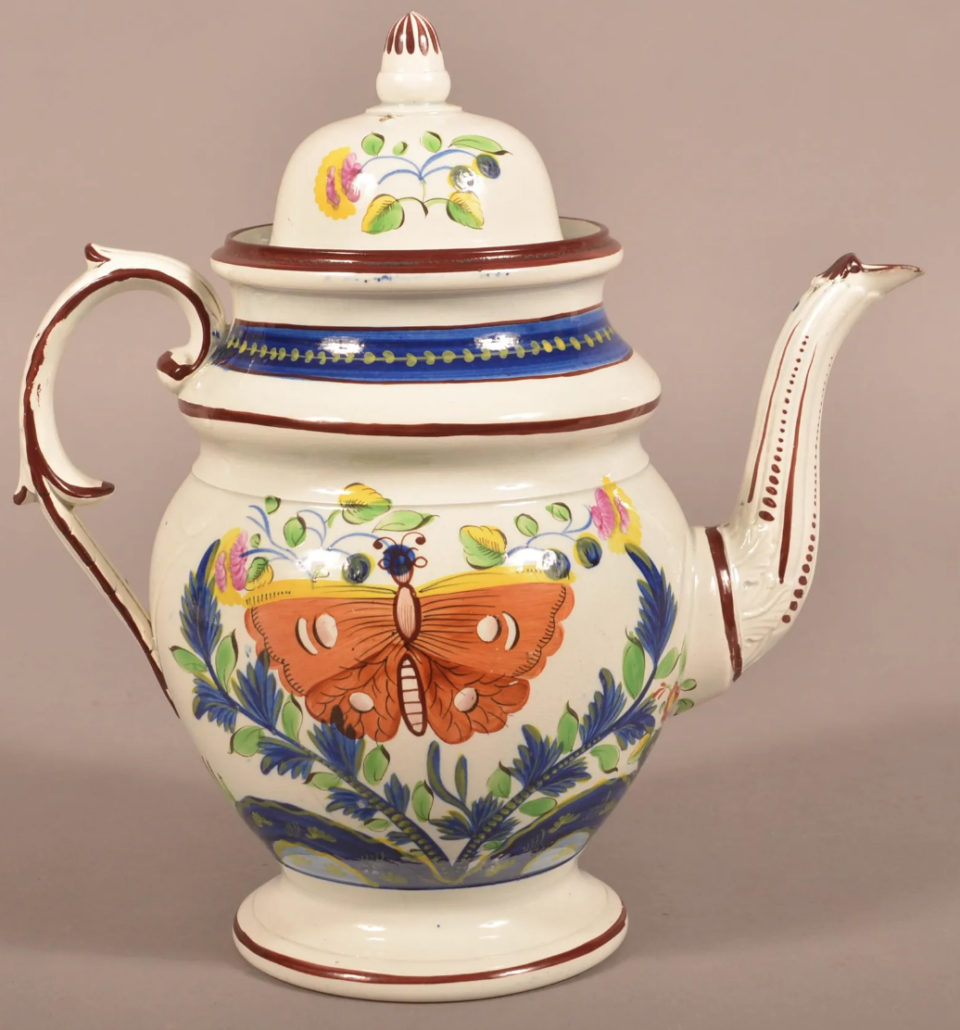 This Gaudy Dutch Butterfly pattern coffee pot sold for $11,000 plus the buyer’s premium in March 2022. Image courtesy of Conestoga Auction Company Division of Hess Auction Group and LiveAuctioneers.