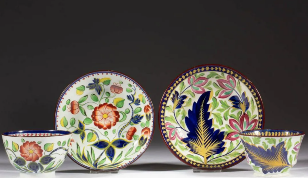 Two Gaudy Dutch cup-and-saucer sets, one in the Dahlia pattern and the other in the Leaf pattern, made $4,250 plus the buyer’s premium in July 2021. Image courtesy of Jeffrey S. Evans & Associates and LiveAuctioneers.