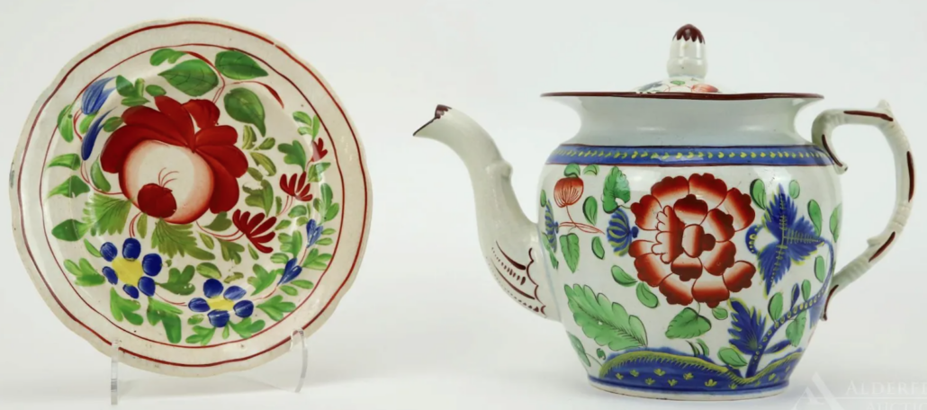 A Gaudy Dutch porcelain teapot in the Carnation pattern and a King’s Rose pattern plate realized $3,000 plus the buyer’s premium in March 2020. Image courtesy of Alderfer Auction and LiveAuctioneers.