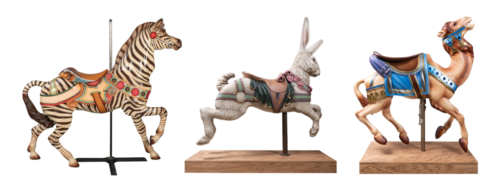 L-R: Circa-1890 carousel zebra by the Dentzel Company, $36,000; circa-1900 carousel rabbit by Dentzel, $24,000; circa-1925 carousel camel by Charles Looff, $18,000