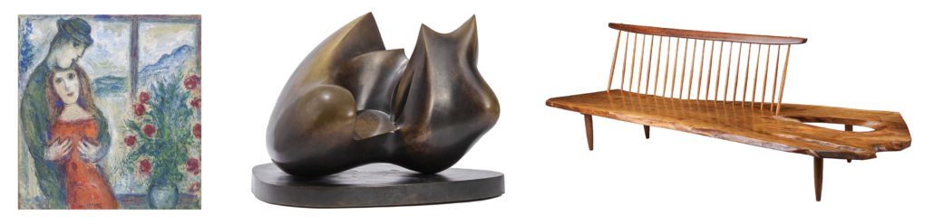 L-R: Marc Chagall, ‘Devant la Fenetre a Sils,’ $453,600; Henry Moore, ‘Architectural Project,’ $428,400; George Nakashima Conoid bench, $94,500