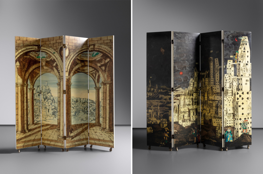 Left, Piero Fornasetti Portico con Paesaggio screen, est. $8,000-$12,000; Right, Piero Fornasetti Citta de Carte / Farfalle folding screen, est. $8,000-$12,000