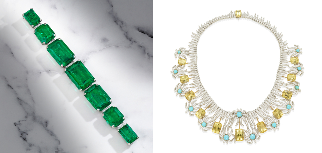 Left: Cartier emerald and diamond Art Deco bracelet, $3.2 million; Right, Jean Schlumberger for Tiffany & Co. Hedges and Rows necklace, $529,575. Images courtesy of Bonhams