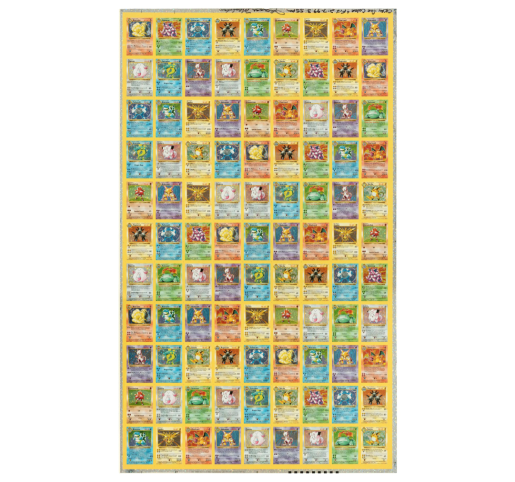 A 1999 Pokemon shadowless holographic uncut proof sheet containing seven Charizard cards achieved $234,171 including the buyer’s premium in June 2021. Image courtesy of Hake’s Auctions and LiveAuctioneers.