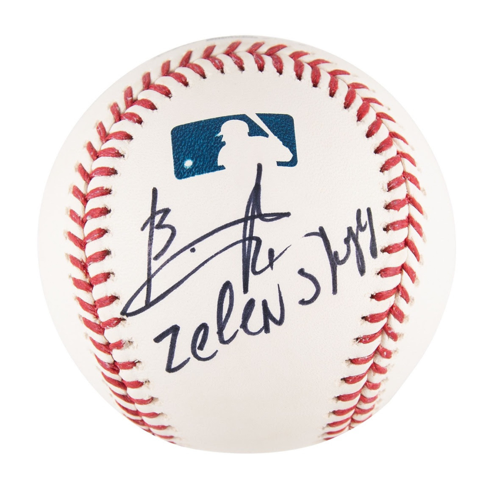 Baseball autographed by Ukrainian President Volodymyr Zelenskyy in September 2019, est. $15,000-$20,000. Some of the proceeds from the sale of this lot will benefit efforts to support Ukraine. 