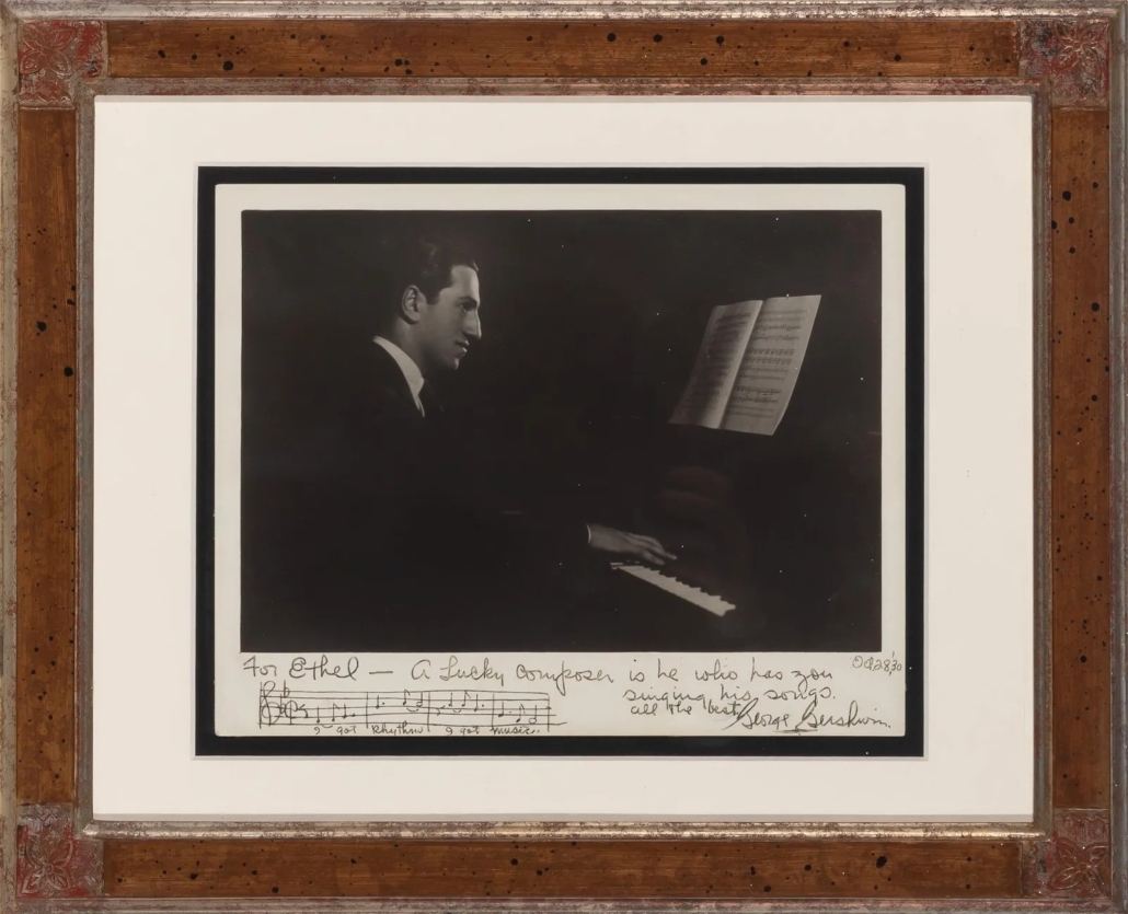 Photo of George Gershwin, inscribed by him to singer Ethel Merman with a musical quotation from ‘I’ve Got Rhythm,’ est. $10,000-$15,000. Image courtesy of Doyle and LiveAuctioneers