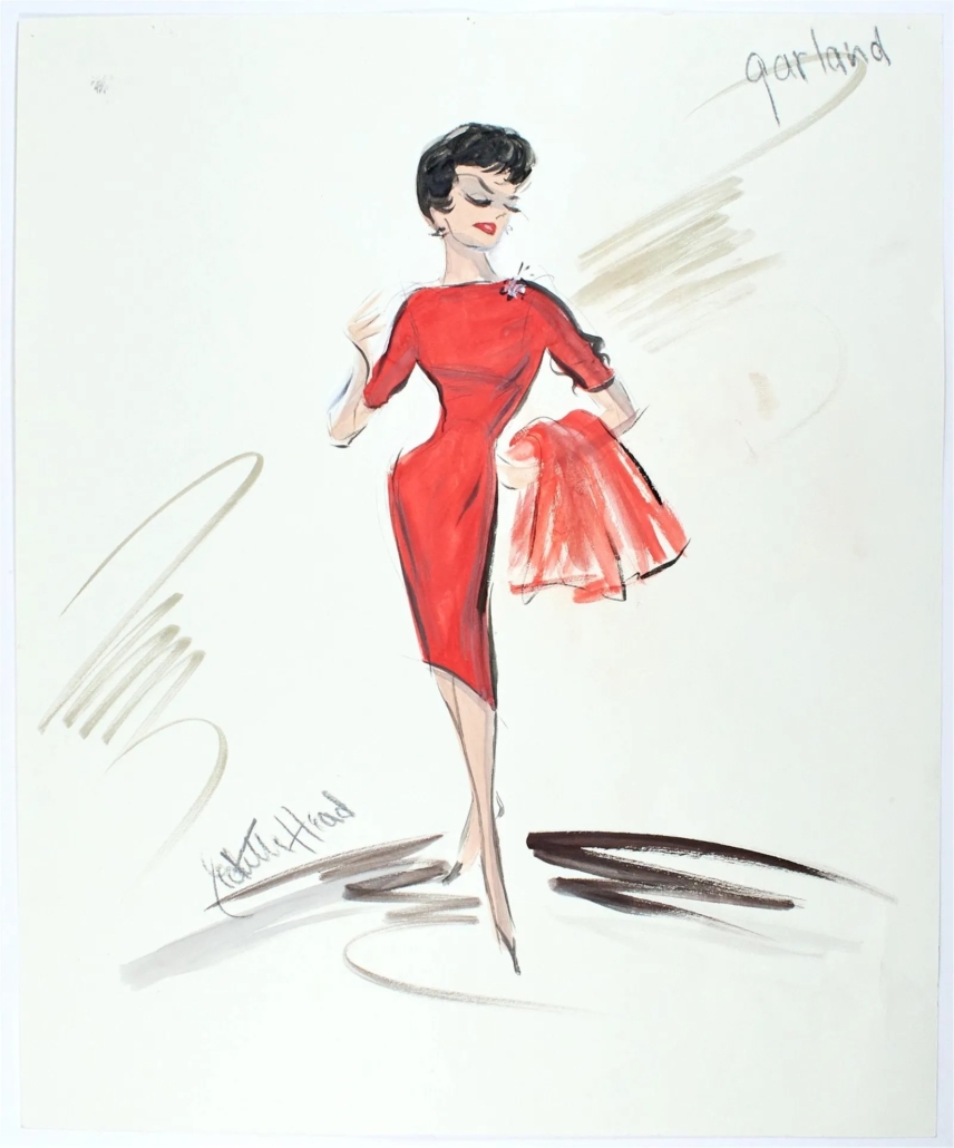 Edith Head original costume design drawing for Judy Garland for the 1963 film ‘I Could Go On Singing,’ est. $2,000-$4,000. Image courtesy of Doyle and LiveAuctioneers