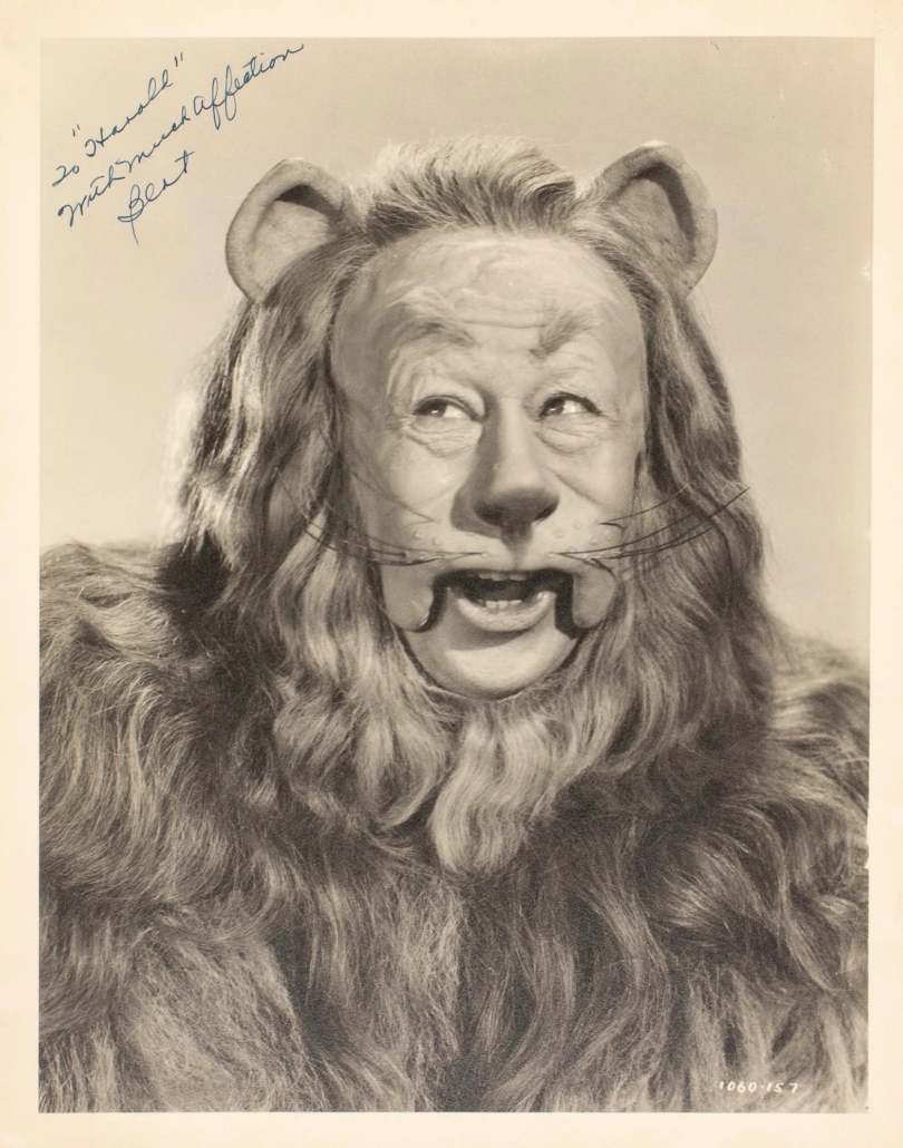 Photo of Bert Lahr in his Cowardly Lion costume, inscribed by him to ‘The Wizard of Oz’ composer Harold Arlen, est. $8,000-$12,000. Image courtesy of Doyle and LiveAuctioneers