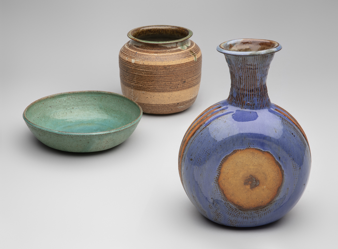 Left to Right: Low bowl, Vessel, Vase, circa 1950s, Marguerite Wildenhain. Stoneware, glaze. Courtesy of the Modern i Shop. Image courtesy of SFO Museum