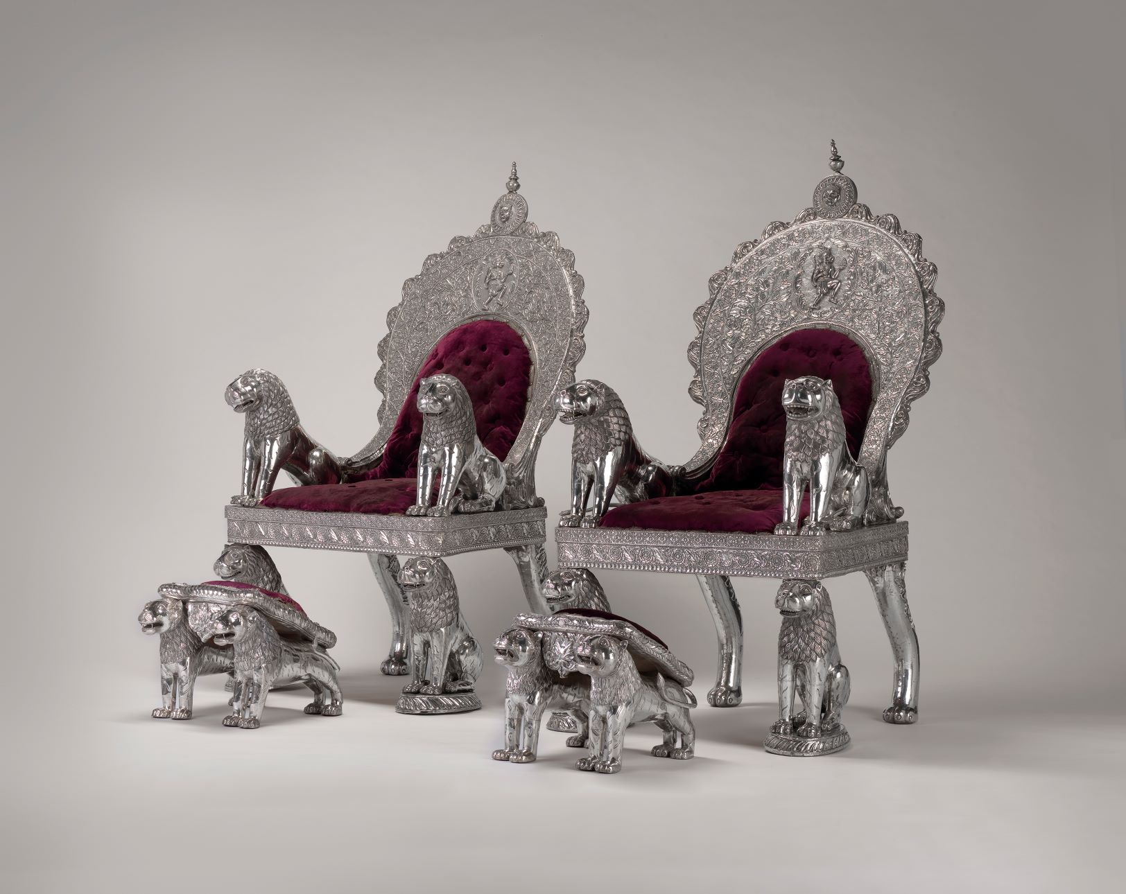 Image credit: Royal Throne, 1911. Molded and carved silver sheet, wrapped around a wood core, with silk velvet, brocaded silk and horse or ox tail. 59 1/16 by 31 1/2 by 35 7/16in(150 by 80 by 90 cm). Purchase: William Rockhill Nelson Trust through the George H. and Elizabeth O. Davis Fund. 2013.10.2.1 