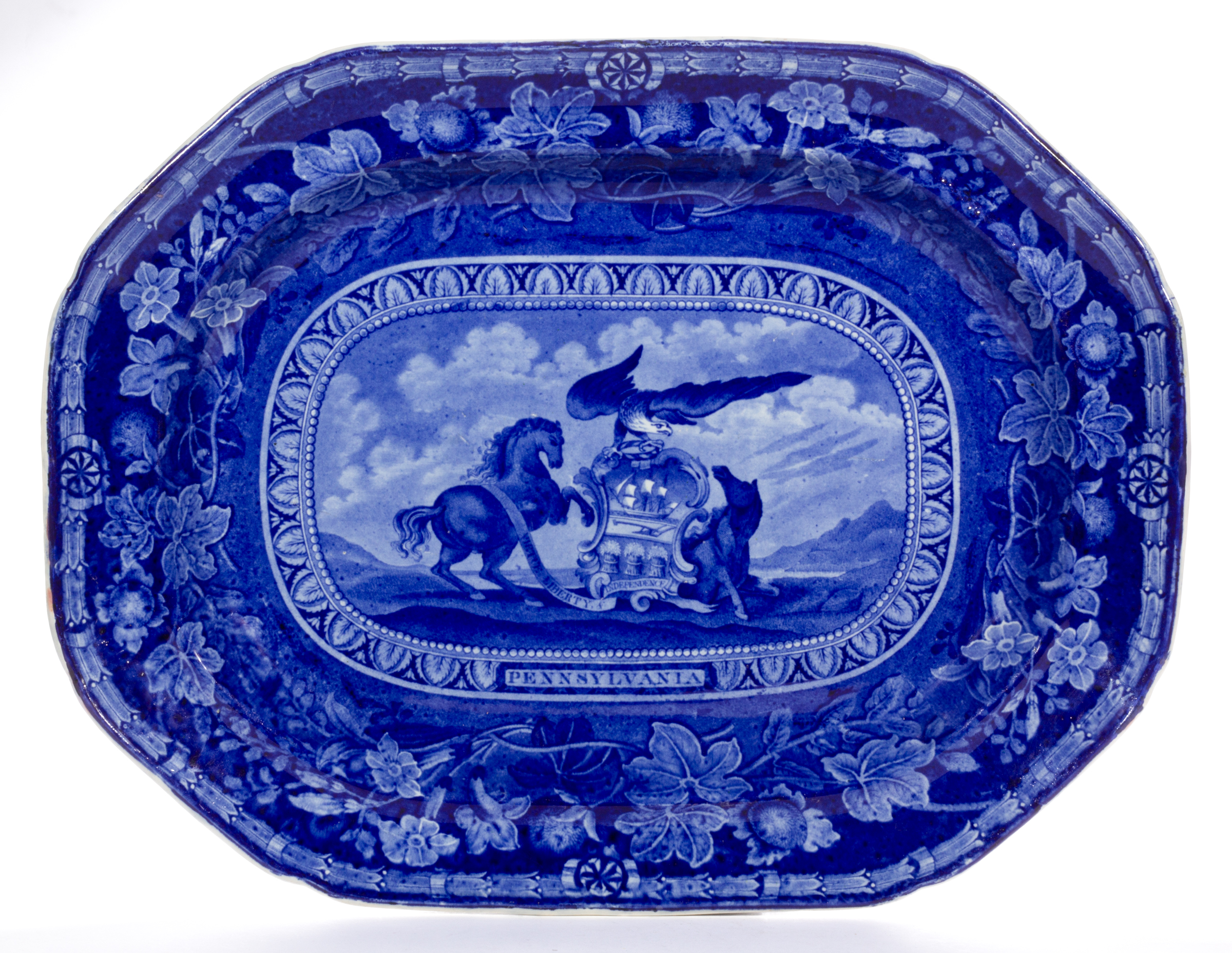 Staffordshire Arms of Pennsylvania transferware platter, $14,580