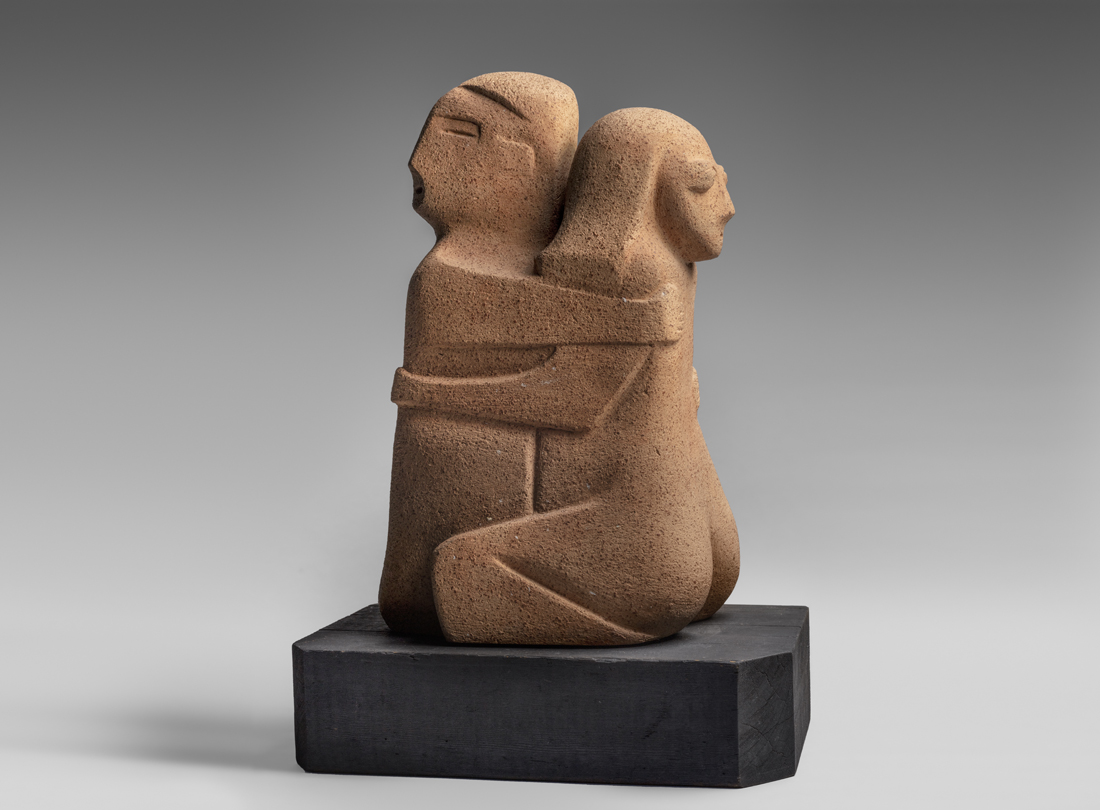 Two embracing figures, 1949, Mary Fuller McChesney. Terracotta, painted wood base. Collection of Steve Cabella. Courtesy of SFO Museum