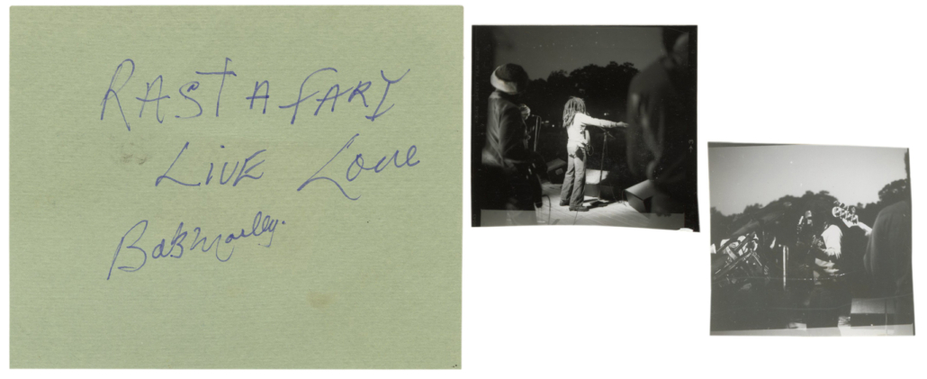 Card inscribed by Bob Marley, accompanied by backstage photos, est. $3,000-$5,000