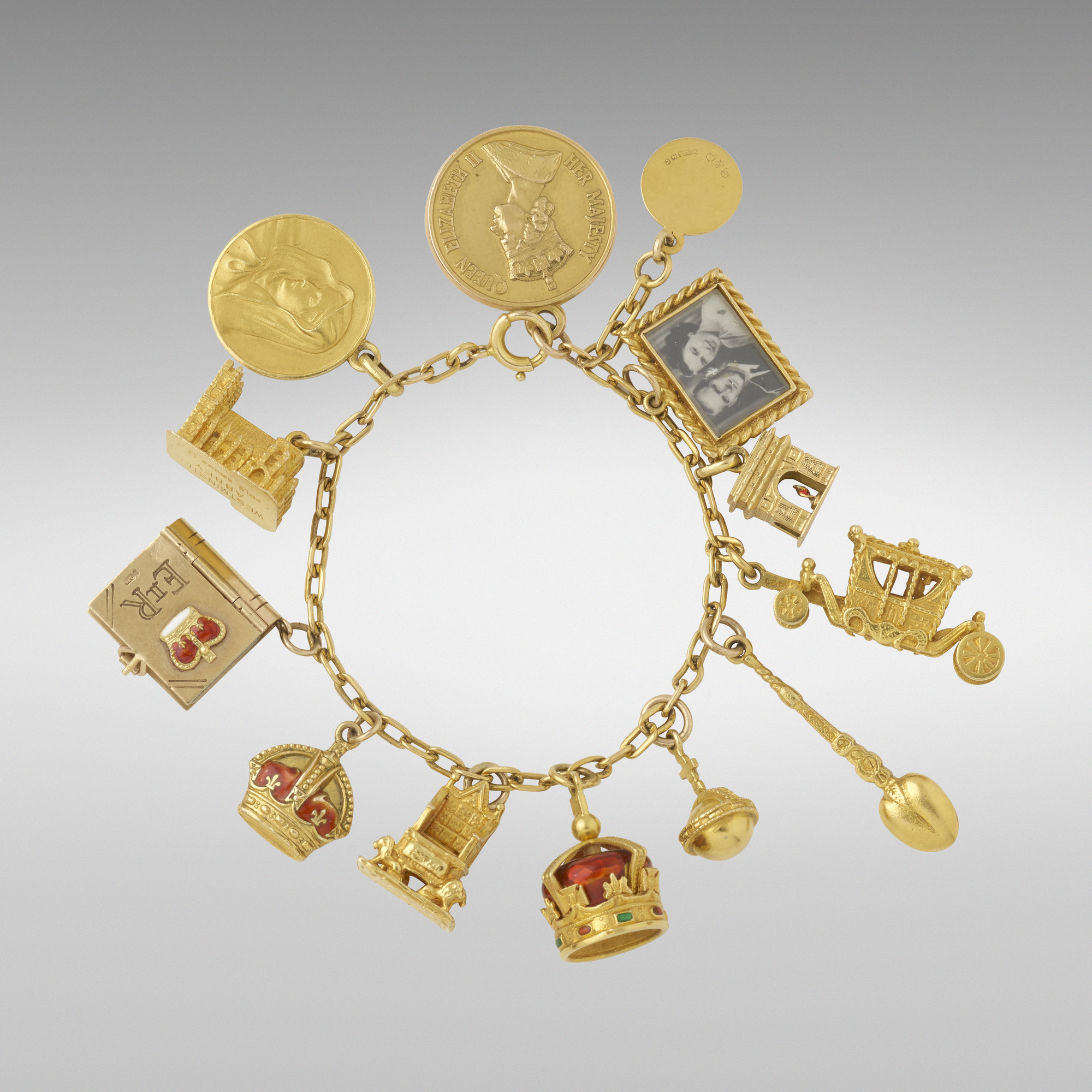 Gold coronation charm bracelet from 1952, est. $1,500-$2,000. Image courtesy of Rago/Wright/LAMA
