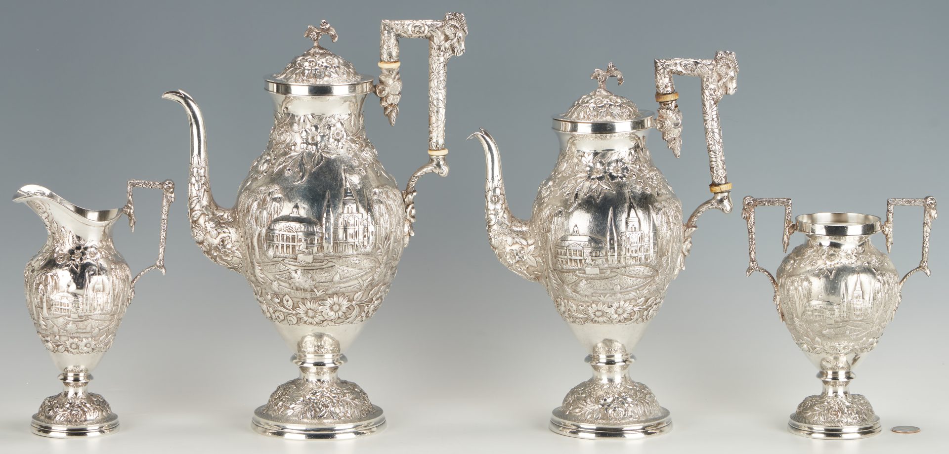 19th-century silver tea service decorated with New Orleans scenes, est. $8,000-$10,000