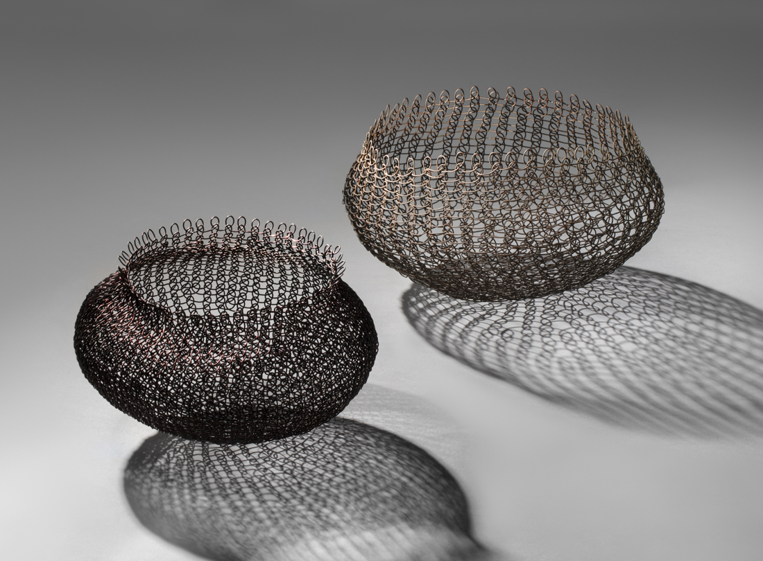 Left to right: ‘Untitled (S.847, Freestanding Basket), circa 1953; ‘Untitled (S.859, Freestanding Basket), circa early 1950s, Ruth Asawa. Enameled copper wire. Private collection. © 2022 Ruth Asawa Lanier, Inc. / Artists Rights Societym NY. Courtesy David Zwimmer. Image courtesy of SFO Museum