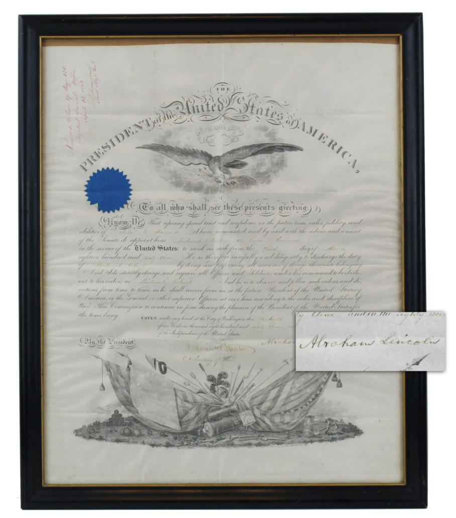  Abraham Lincoln-signed Civil War military appointment promoting John G. Barnard as Lieutenant Colonel of the Corps of Engineers, est. $7,500-$10,000