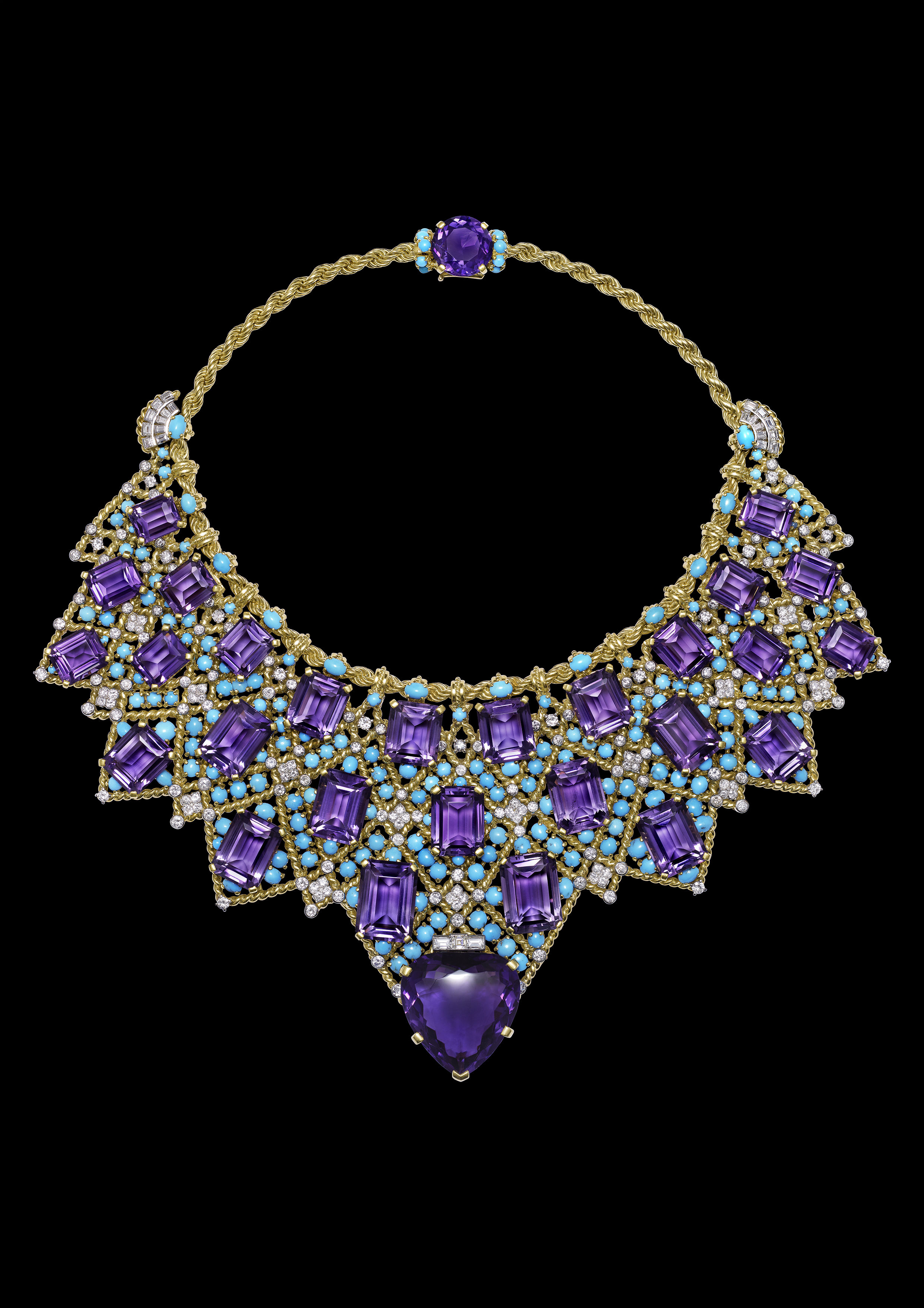 Bib necklace, Cartier Paris, special order, 1947. Twisted 18K and 20K gold, platinum, brilliant- and baguette-cut diamonds, one heart-shaped faceted amethyst, 27 emerald-cut amethysts, one oval faceted amethyst, turquoise cabochons. Cartier Collection. Nils Herrmann, Cartier Collection © Cartier 