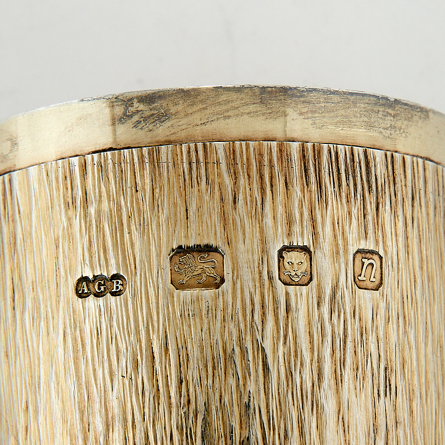 Detail of a silver goblet from the Gerald Benney set of six, showcasing the signature finish, est. £3,000-£5,000