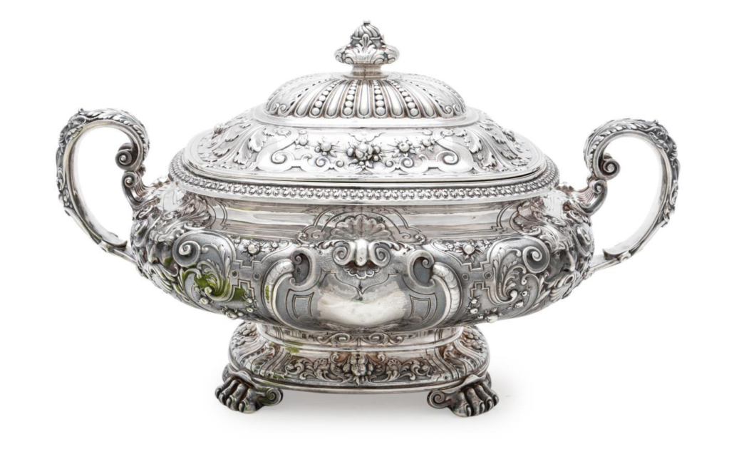 Gorham repousse two-handled silver tureen in the Tudor pattern, exhibited at the 1900 Exposition Universelle in Paris, est. $8,000-$12,000