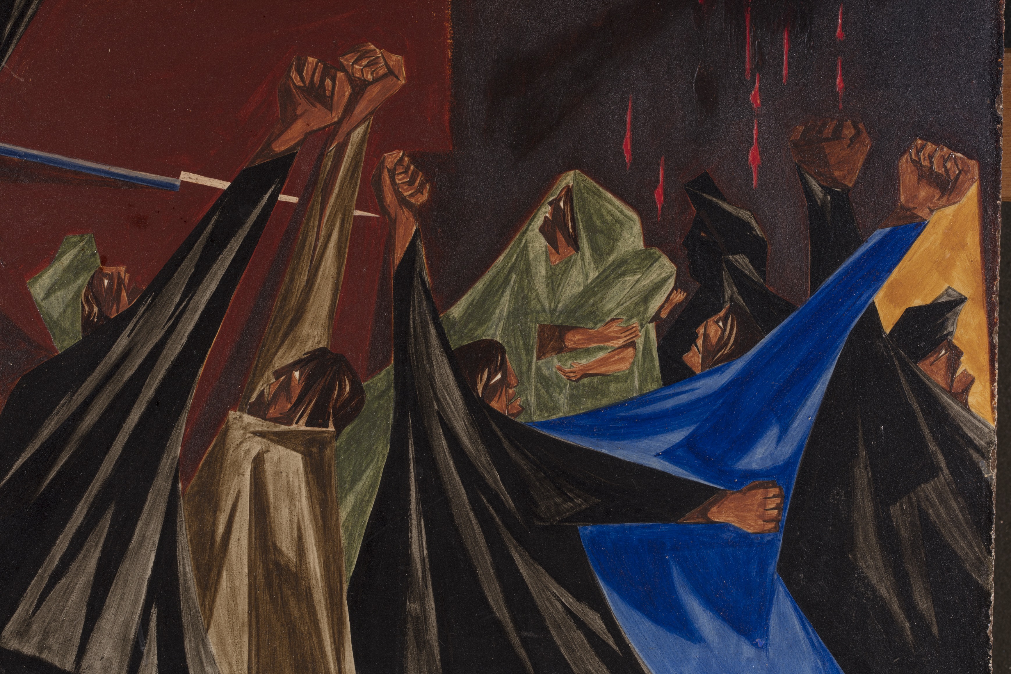 Jacob Lawrence, ‘. . . is life so dear or peace so sweet as to be purchased at the price of chains and slavery?—Patrick Henry, 1775,’ Panel 1, 1955, from Struggle: From the History of the American People, 1954–56, egg tempera on hardboard. Collection of Harvey and Harvey-Ann Ross. © 2022 The Jacob and Gwendolyn Knight Lawrence Foundation, Seattle / Artists Rights Society (ARS), New York. 