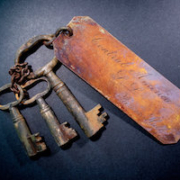 This brass name tag and set of keys for SS Central America Purser Edward W. Hull may have unlocked a room where Gold Rush treasure cargo was secured on the ship. Photo credit: Holabird Western Americana Collections