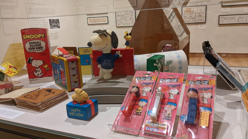 Photo of the exhibition Celebrating Sparky: Charles M. Schulz and Peanuts at the Billy Ireland Cartoon Library & Museum. Artwork on display ©PNTS