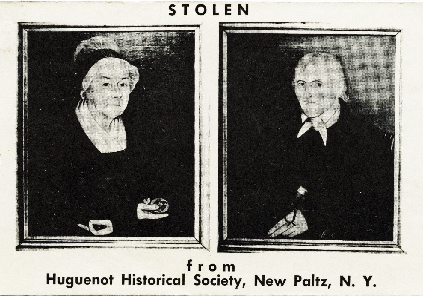 Image of a black and white postcard distributed by Historic Huguenot Street (HHS) in 1972, which offered a reward for the return of the paintings. Courtesy of Historic Huguenot Street