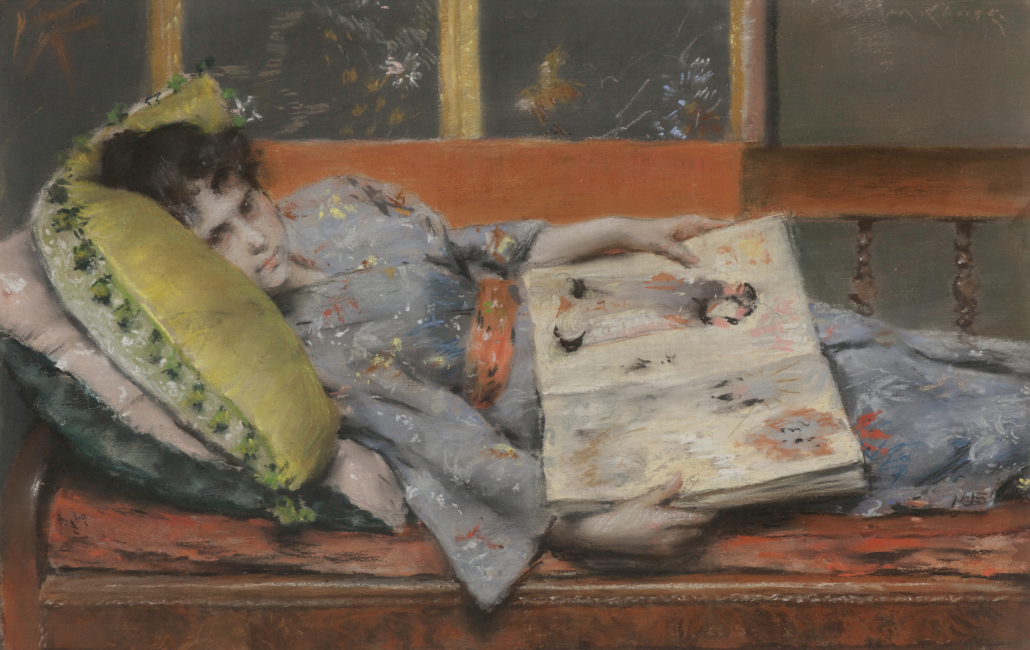  William Merritt Chase (American 1849–1916), ‘At her Ease,’ circa 1889. Pastel on panel. Promised Gift of the Macon and Joan Brock Collection to the Chrysler Museum of Art