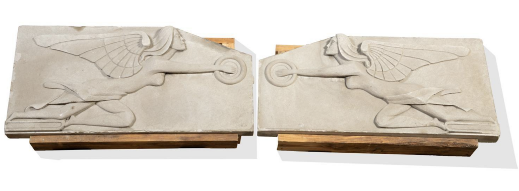 Art Deco Goddess of Speed carved stone architectural panels, created for Packard Motor Car Company dealerships, est. $6,000-$8,000