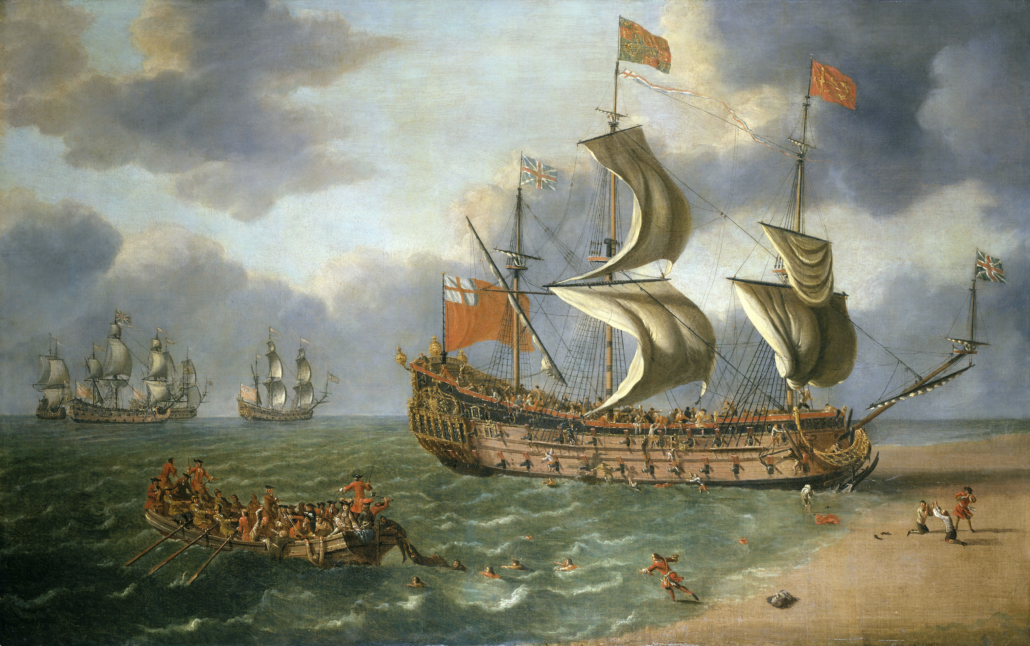 Johan Danckerts’s circa-1682 work, ‘The Wreck of the ‘Gloucester’ off Yarmouth, 6 May 1682.’ About 130 people died in the catastrophe, but the Duke of York survived and later ascended to the English and Irish throne as King James II and the Scottish throne as James VII. Image courtesy of Wikimedia Commons, from the collection of the Royal Museums Greenwich. The Wikimedia Foundation regards the work as being in the public domain in the United States because it was published or registered with the U.S. Copyright Office before January 1, 1927.