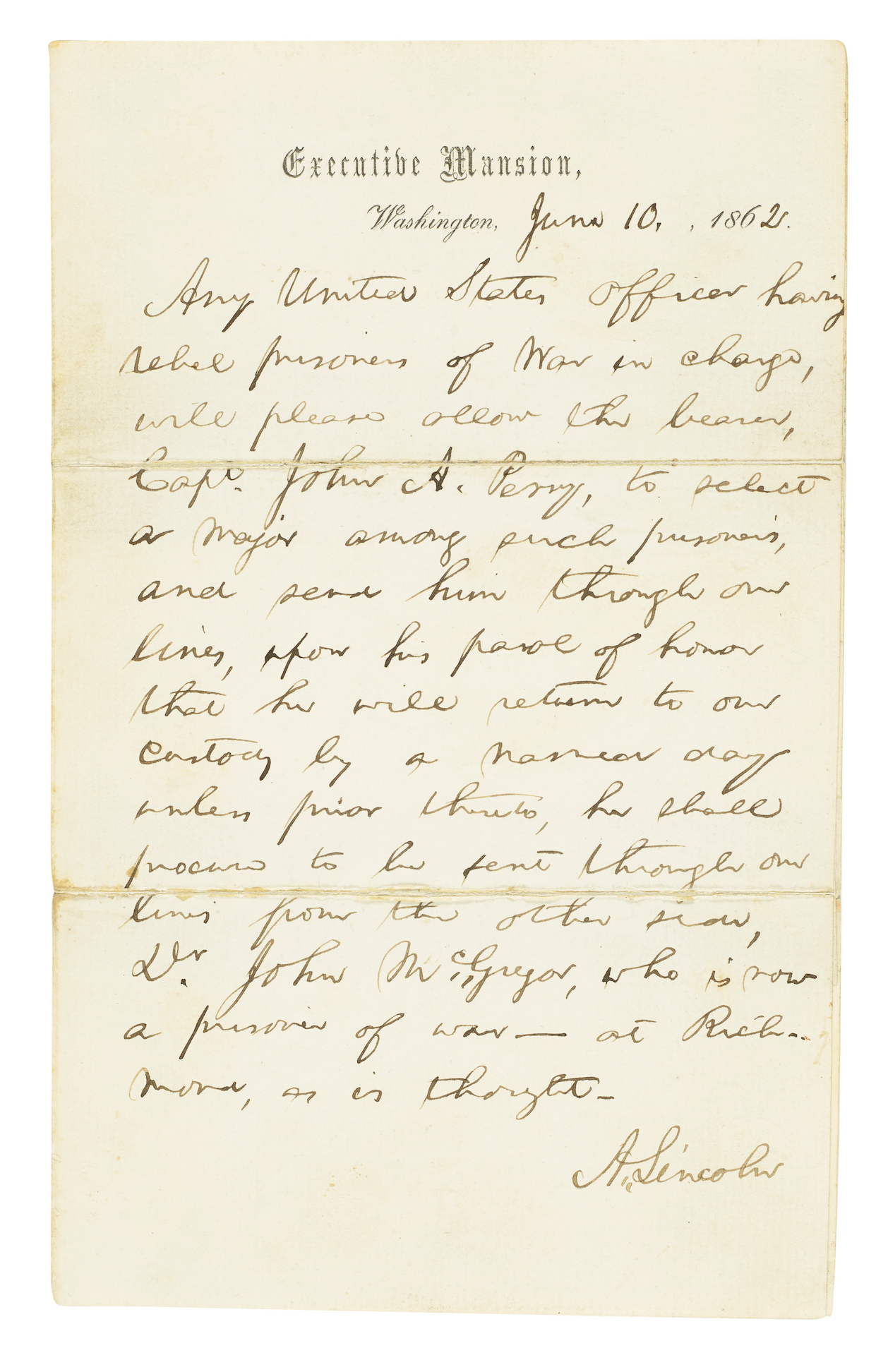 Signed letter from Abraham Lincoln, negotiating a prisoner exchange during the Civil War, est. $12,000-$18,000. Image courtesy of Bonhams