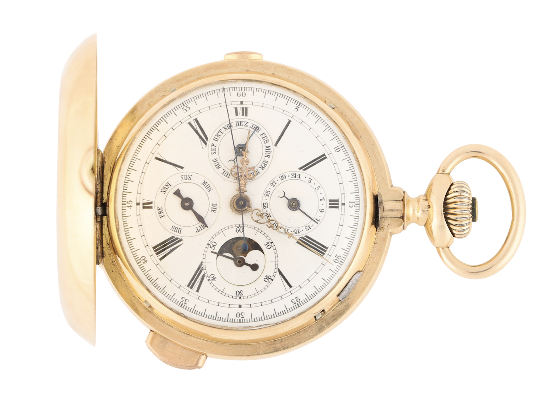1890s Alfred Lugrin 14K gold minute repeating triple date chronograph, CA$6,490