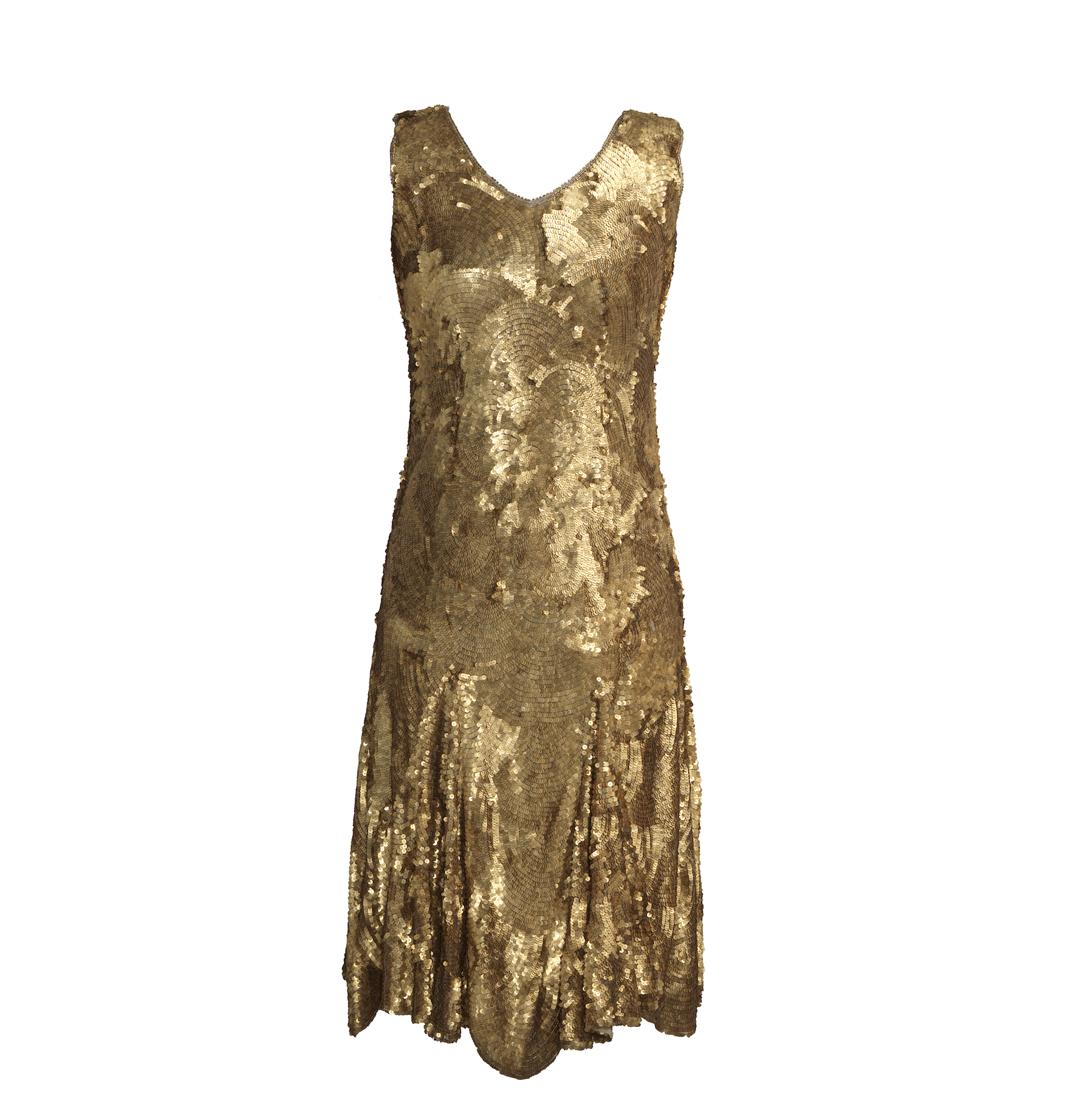 Gold sequined dress, circa 1927-29, sequins over silk and net. Amedee, Paris, France, founded 1851. 40 1/2 by 14 1/4in. Courtesy of the Kansas City Museum, Kansas City, Missouri, 1949.119