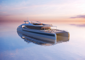 Rendering of the Oneiric catamaran concept yacht by Zaha Hadid Architects (ZHA) for Rossinavi. Art courtesy of ZHA