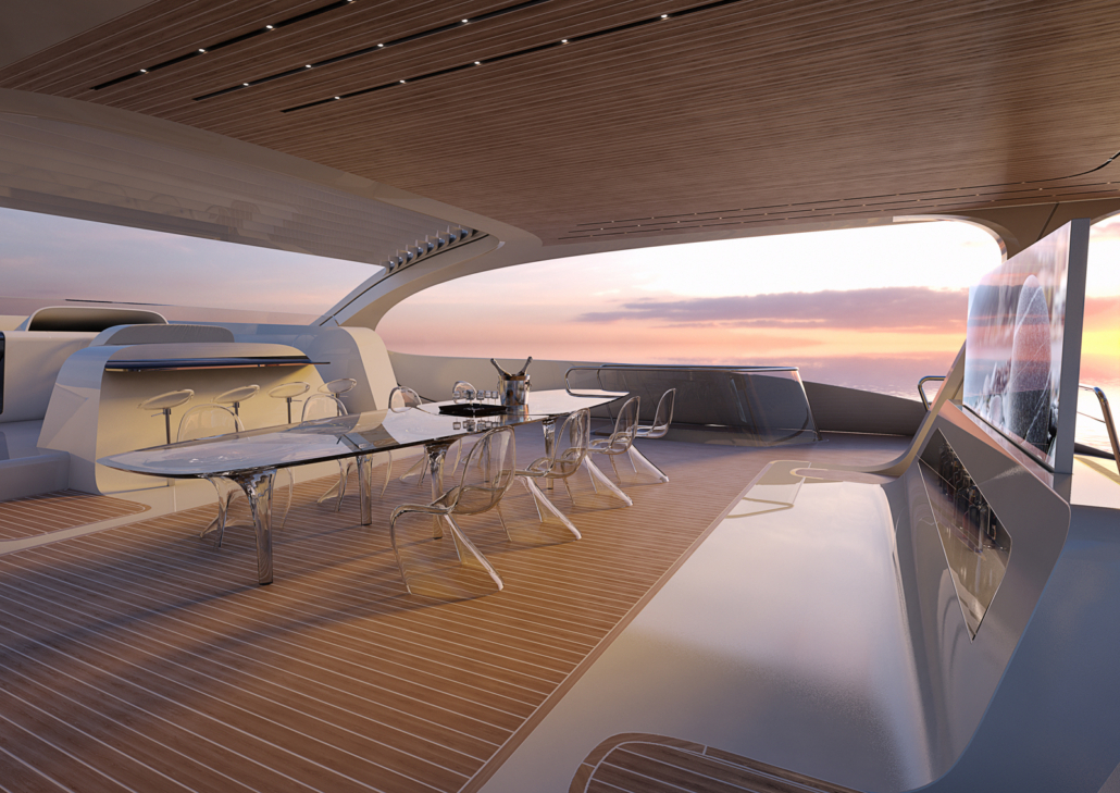  Rendering of the forward outdoor lounge area of the Oneiric catamaran concept yacht. Art courtesy of ZHA