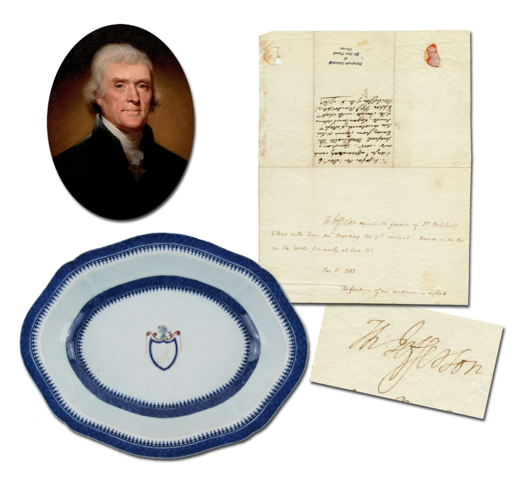 Signed December 1805 dinner invitation from Thomas Jefferson, accompanied by a Jefferson-owned Chinese Export serving bowl, est. $18,000-$20,000