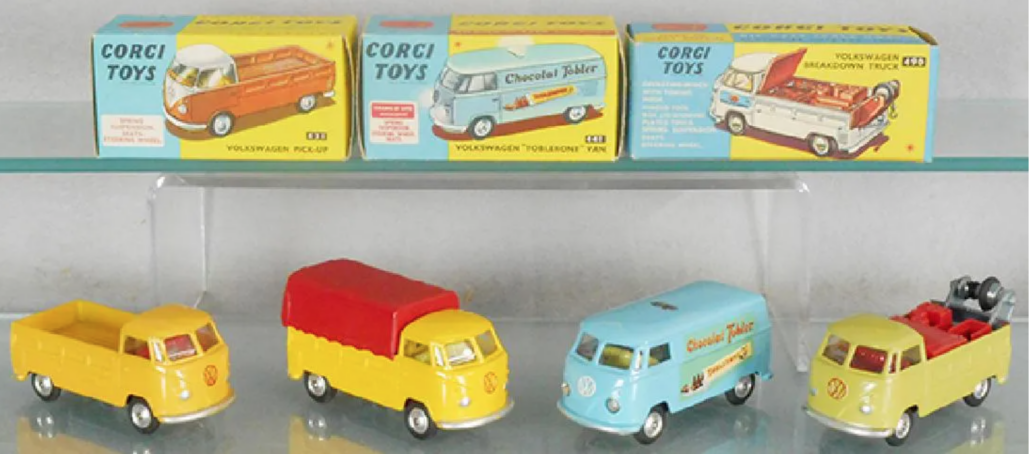 A group of four Corgi Volkswagen vans, three of which had retained their original boxes, sold for $700 plus the buyer’s premium in January 2019. The set included two pickup trucks, a #441 Toblerone and a #490 breakdown truck. Image courtesy of Lloyd Ralson Gallery and LiveAuctioneers.