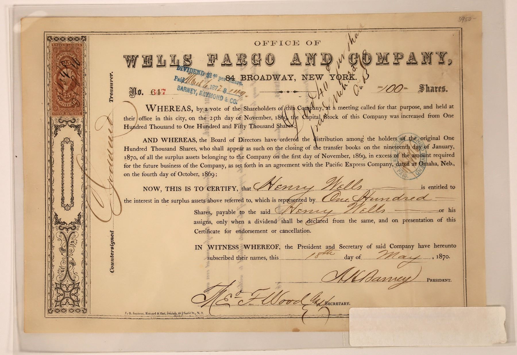 Wells Fargo Company stock certificate issued in 1870 to Henry Wells, one of the co-founders of American Express, $2,875