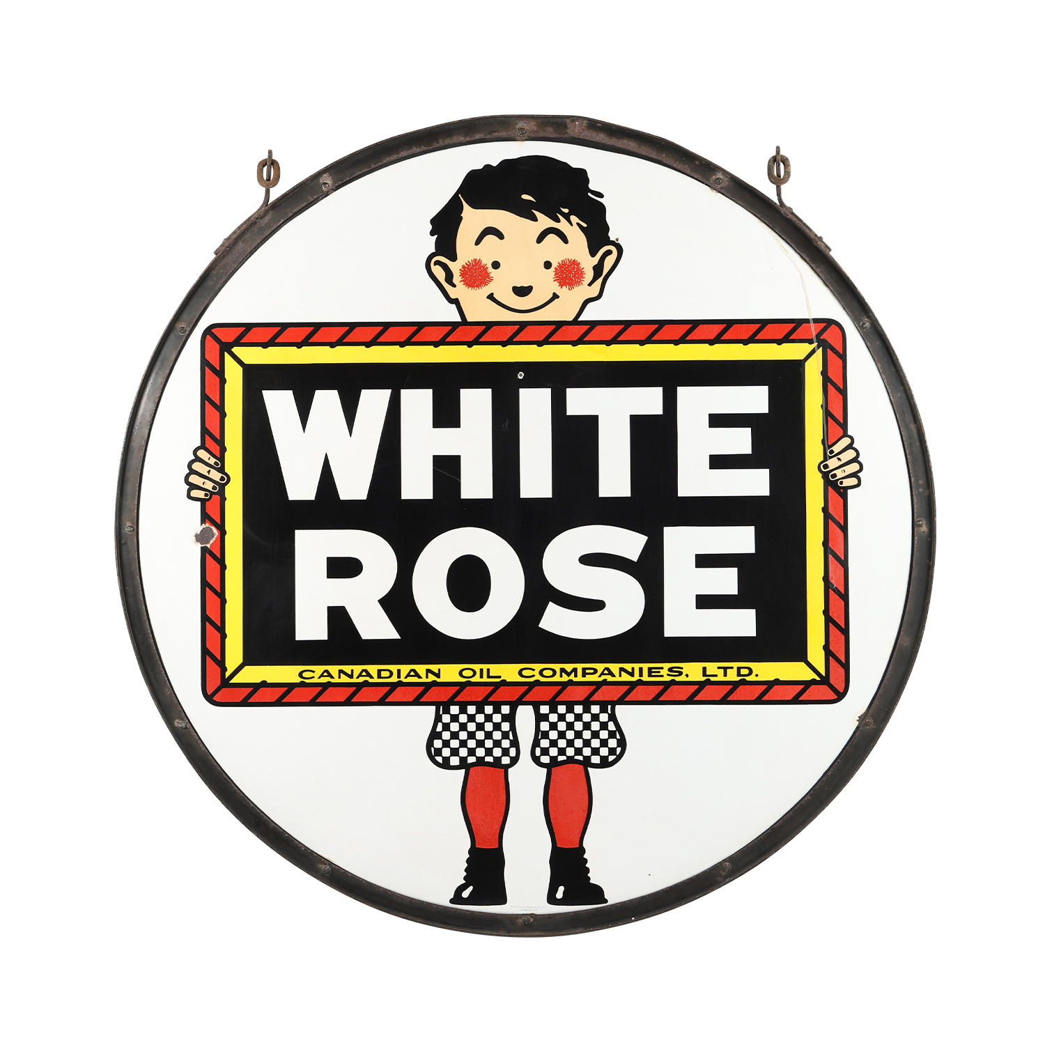 Double-sided porcelain White Rose Gasoline Slate Boy sign with iconic Boy and Slate graphics, CA$23,600