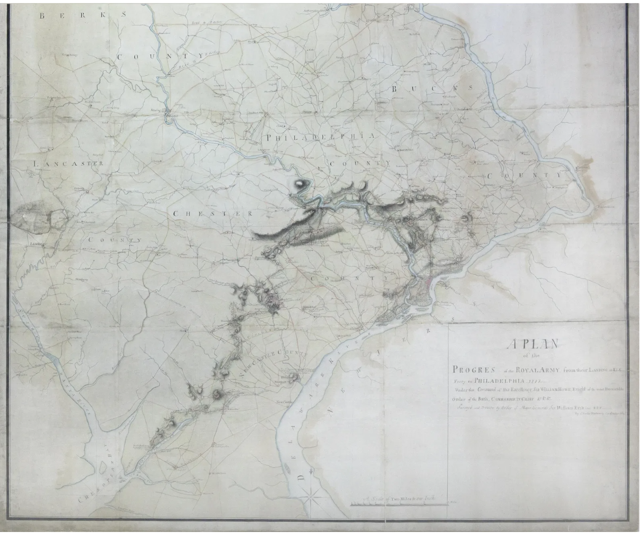Charles Blaskowitz’s manuscript map is one of only three known monumental campaign headquarters maps from the Philadelphia Campaign of 1777-1778. It attained $625,000 plus the buyer’s premium in January 2022. Image courtesy of Arader Galleries and LiveAuctioneers.