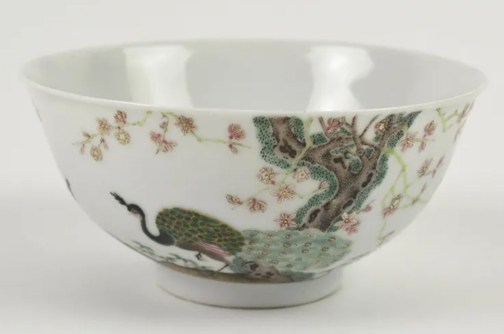 A Qing yongzheng enamel bowl featuring a peacock and a peony made $60,000 plus the buyer’s premium in April 2020. Image courtesy of Margarita Auction Co and LiveAuctioneers.