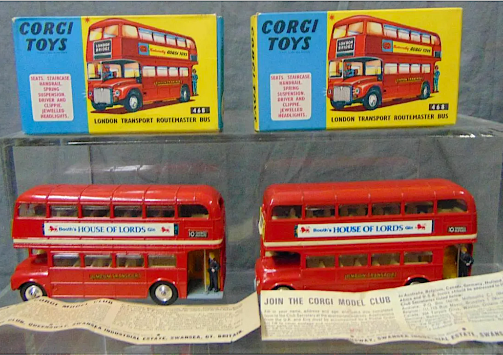 Corgi’s House of Lords Gin toy double decker bus was a promotional item that became scarce and coveted. A lot of two realized $1,650 in November 2020. Image courtesy of Weiss Auctions and LiveAuctioneers.