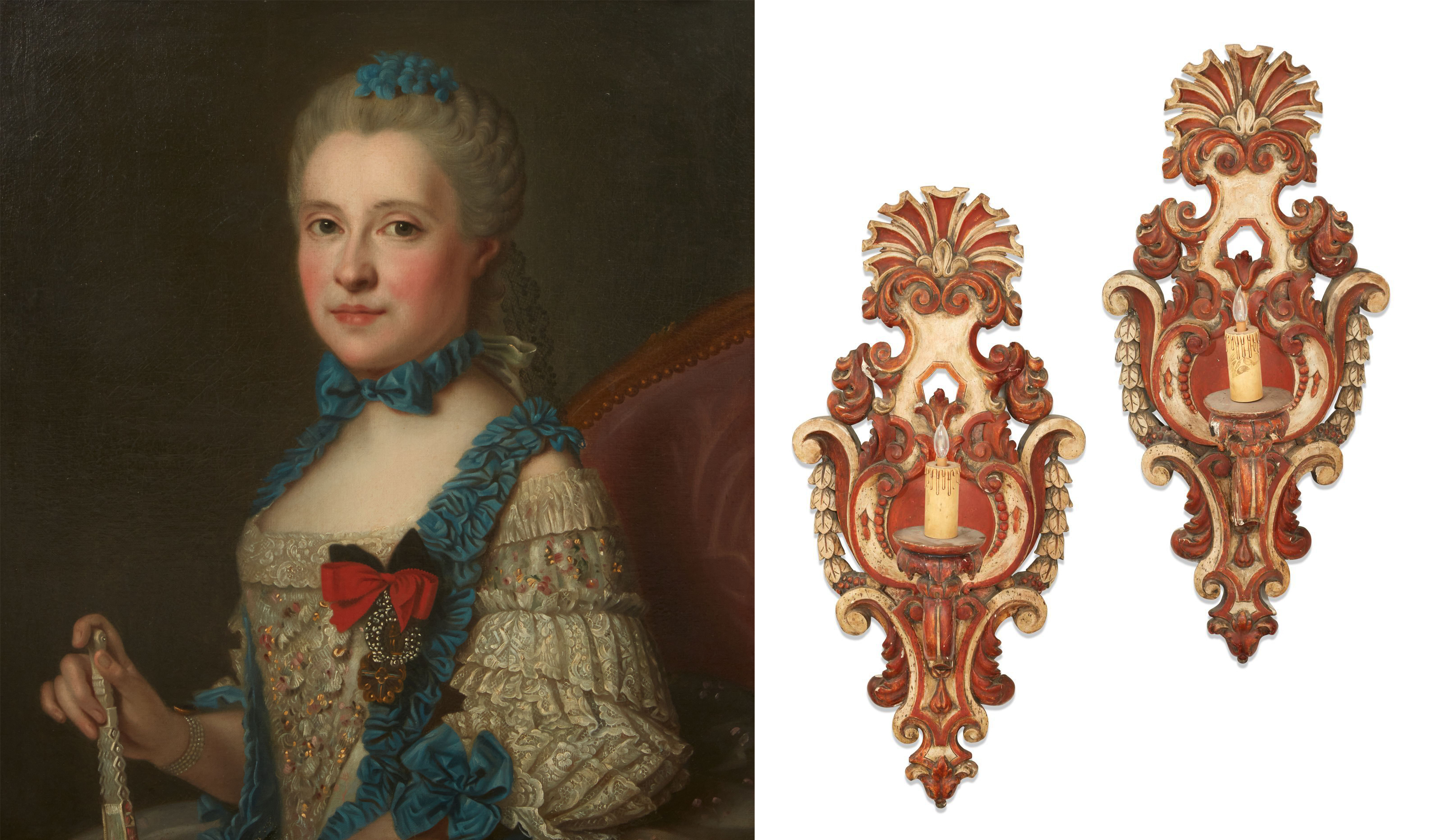 Left, Portrait of an aristocratic lady attributed to Jean Marc Nattier, from the Mitzi Gaynor collection, est. $8,000-$12,000; Right, pair of Italian Baroque paint decorated wall lights from the De Laurentiis collection, est. $2,000-$3,000
