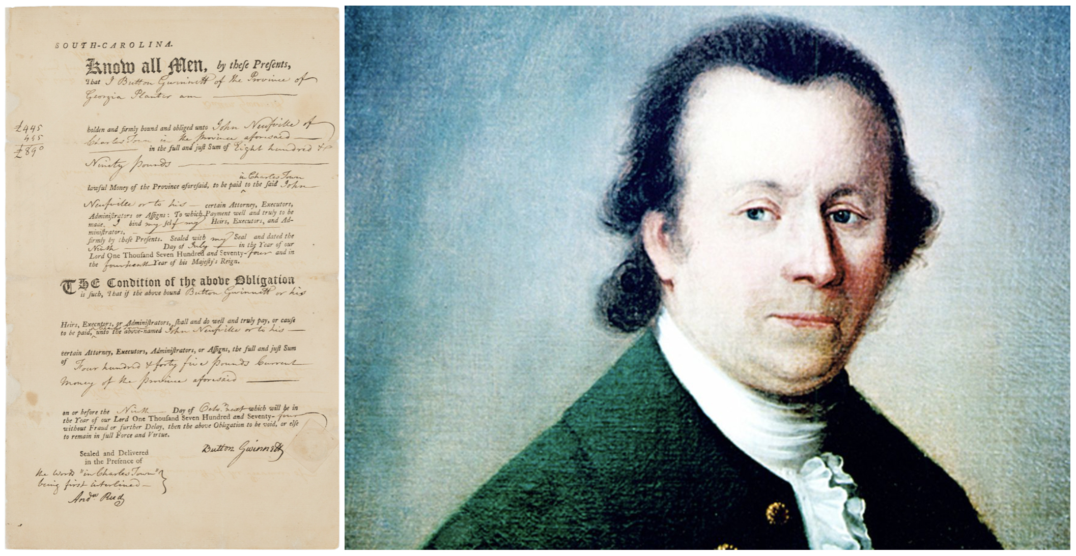 Left, an exceptionally scarce Button Gwinnett-signed document from a set of signatures representing every signer of the Declaration of Independence, which dealer John Reznikoff purchased for $1.4 million; Right, a portrait of Gwinnett. Images courtesy of University Archives