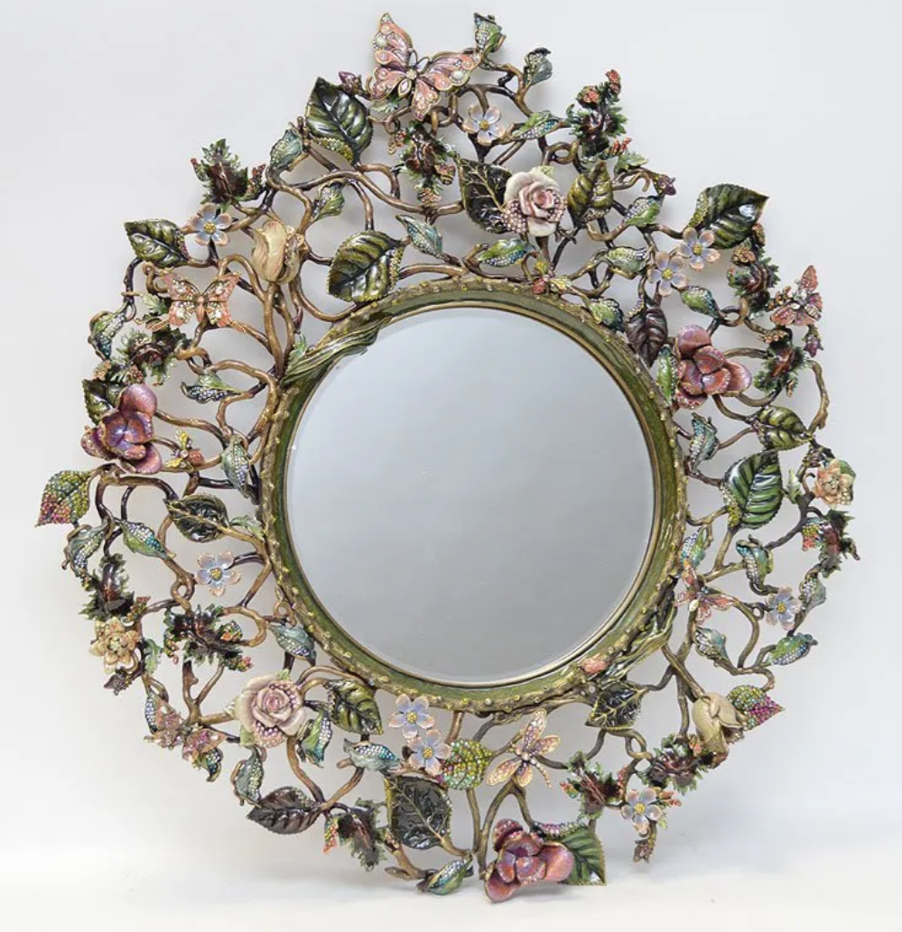 This large enameled and jeweled Jay Strongwater mirror made $4,100 plus the buyer’s premium in August 2017. Image courtesy of Bill Hood & Sons Art & Antique Auctions and LiveAuctioneers.