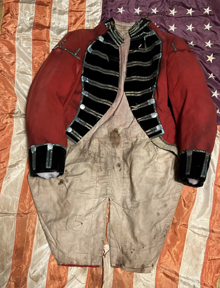 A Revolutionary War British officer’s uniform, including an iconic red coat, brought $13,750 plus the buyer’s premium in February 2022. Image courtesy of Rare Treasures and LiveAuctioneers.