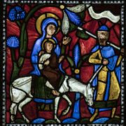 Artist/maker unknown, French. The Flight into Egypt, from the Infancy of Christ Window, from the Abbey Church of St. Denis, France. Stained glass, circa 1145. 20 1/2 by 19 3/4in (52.1 by 50.2cm). On loan from Glencairn Museum, Bryn Athyn, Pennsylvania.